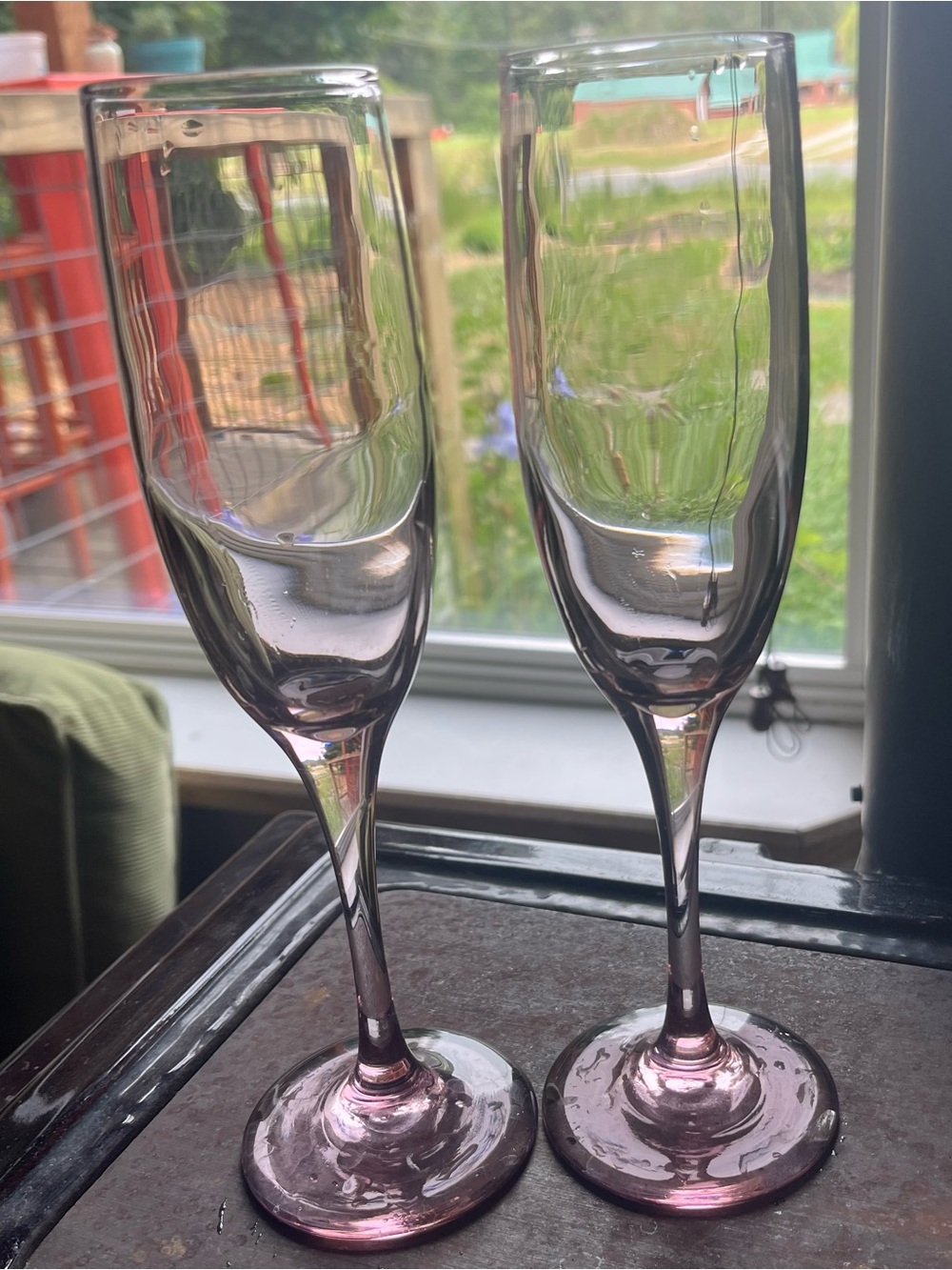 Set of 2 Vintage Pink Hand-Blown Champagne Flutes Lovely!